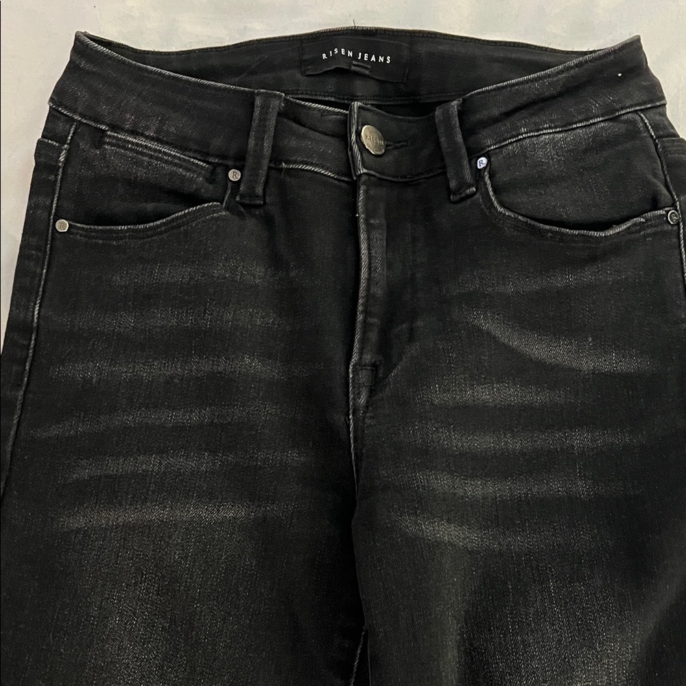 Risen Black Straight Leg Raw Hem Ankle Jeans